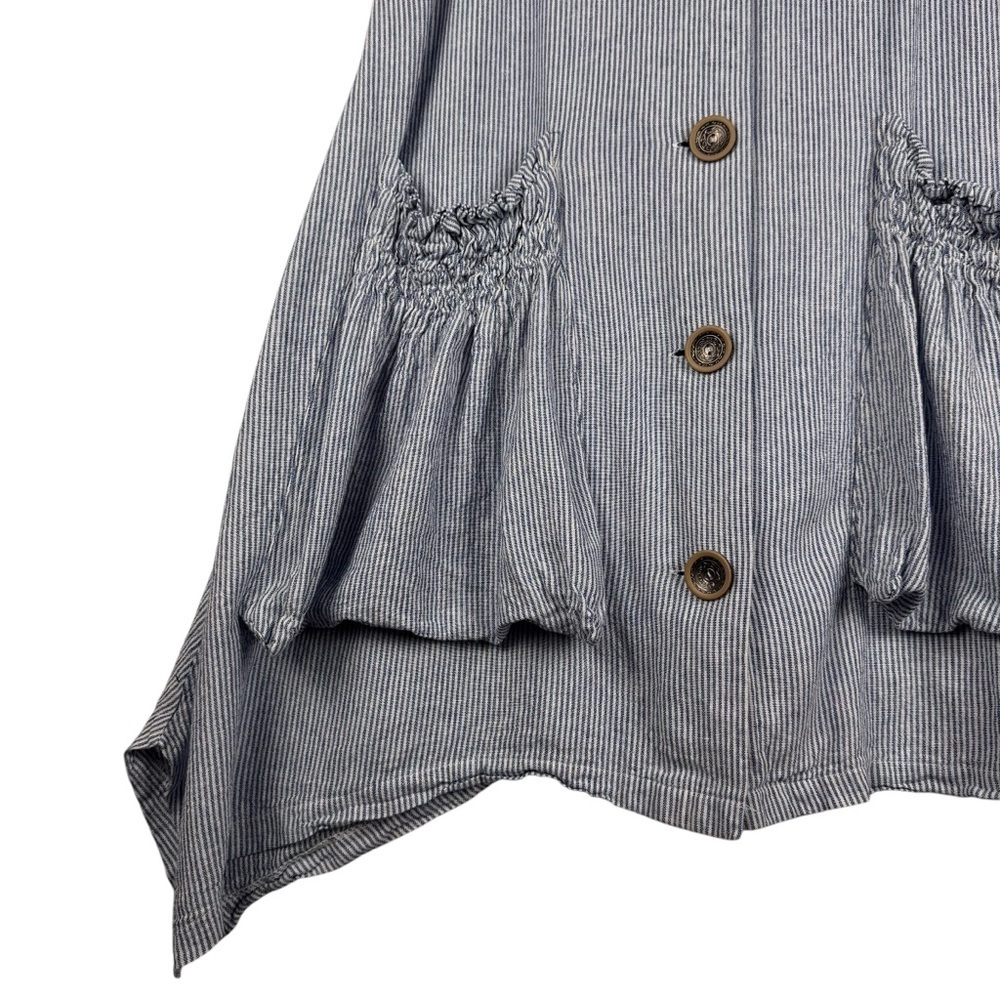 For Cynthia Linen Blend Striped Sark Bite Shirt Dress Sz M Patch Ruched Pockets - Picture 3 of 8
